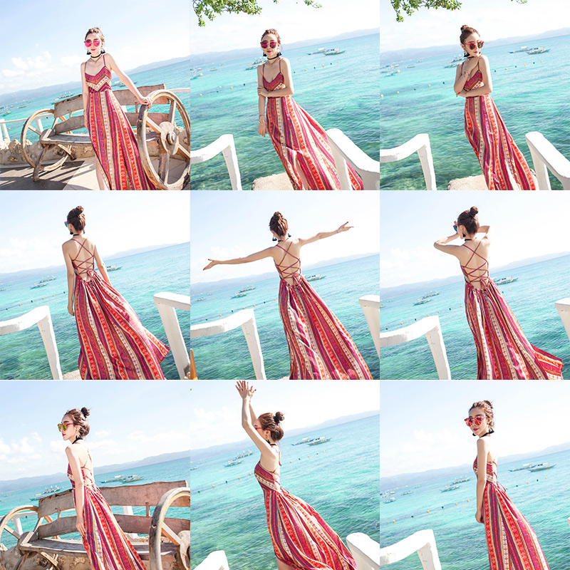 沙滩裙女夏2018新款泰国海边度假连衣裙巴厘岛显瘦波西米亚长裙