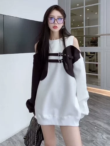 Южнокорейский осенний товар, дизайнерский длинный комплект, толстовка, свободный крой, тренд сезона, средней длины