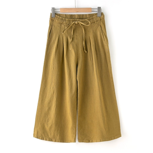 Осенние японские штаны, из хлопка и льна, эластичная талия