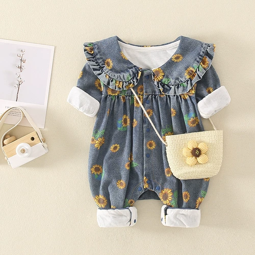 Детское боди для девочек, милый джинсовый комплект для выхода на улицу для новорожденных, осеннее, в западном стиле