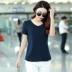 Mùa hè phong cách Hàn Quốc lỏng lẻo màu trên áo thun ngắn tay phụ nữ thời trang nữ cotton nửa tay cỡ lớn cổ chữ V đáy áo sơ mi thủy triều - Áo phông Áo phông