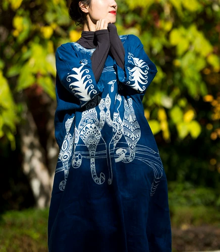 Этническое оригинальное дизайнерское платье, этнический стиль, из хлопка и льна