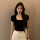 [Черный] [Летняя удобная женская одежда из ткани/летняя одежда/особенно красивый топ с узкой талией/уникальный и красивый маленький топ/популярная женская одежда этого года/BM/блузка/горячий корейский стиль/уникальный и красивый маленький топ]