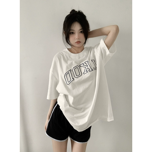 Летняя футболка для отдыха для влюбленных, круглый воротник, с вышивкой, короткий рукав