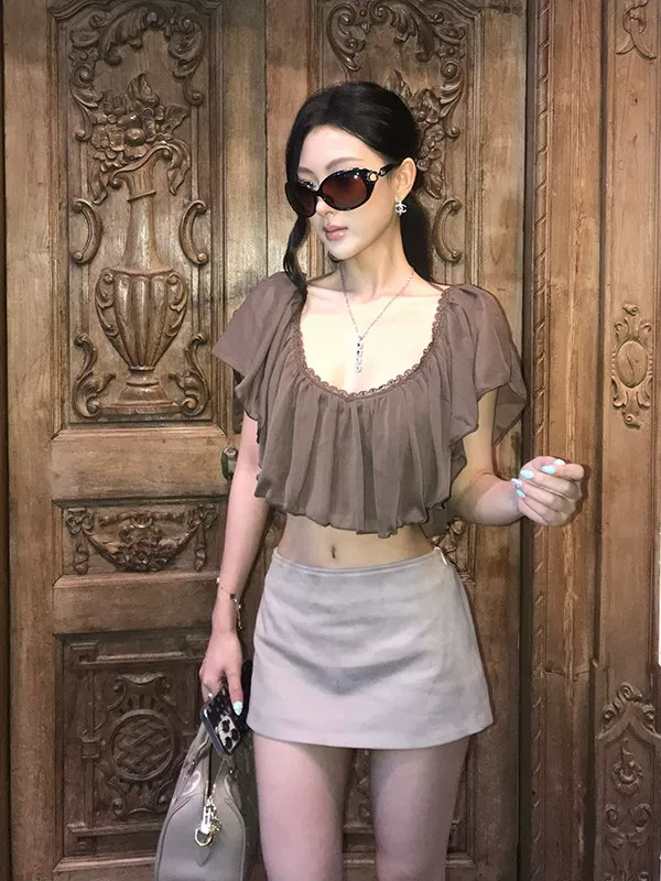 Barangan harian yang bagus Blaus sifon lengan pendek leher V berenda murni menggoda pakaian wanita musim panas model baharu gadis seksi slim fit kelihatan kurus atasan pendek pusat
