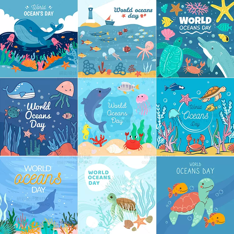 北欧卡通可爱海洋水草海底世界海豚章鱼生日宴派对儿童插画ai素材