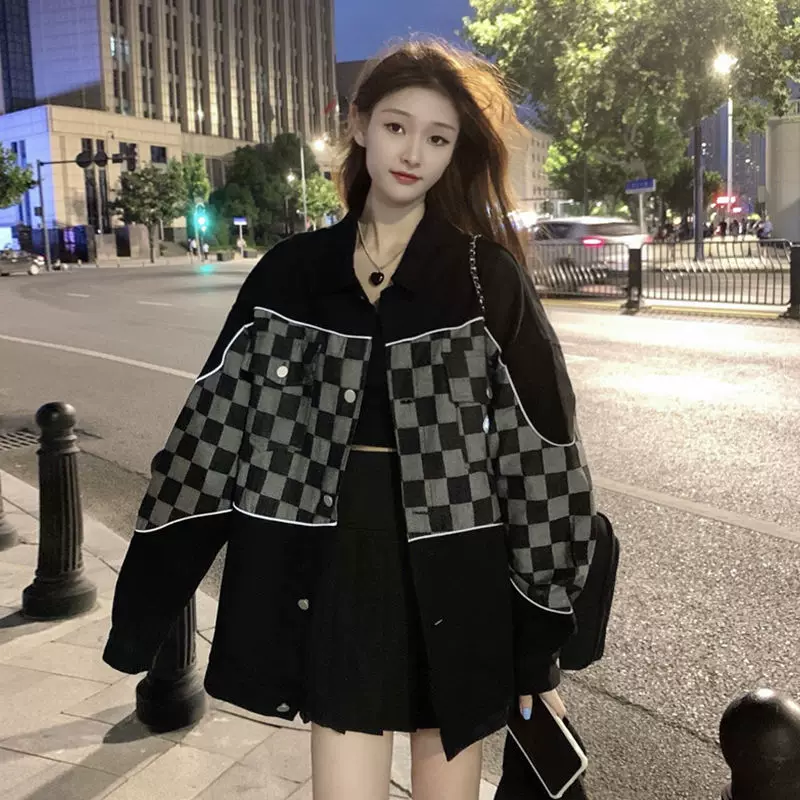 Тайд денимовая осенняя куртка, универсальная ретро шахматы, стиль Chanel, оверсайз
