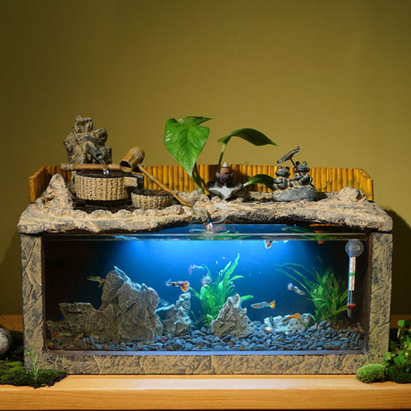 鱼缸茶几客厅桌面中式装饰造景鱼缸水族箱套餐中型流水摆件创意