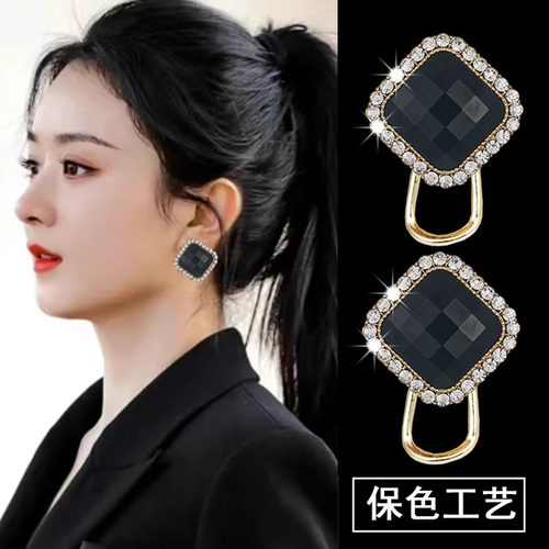 纯银网红大气菱形耳环女2026年新款潮气质高级感轻奢黑色几何耳坠