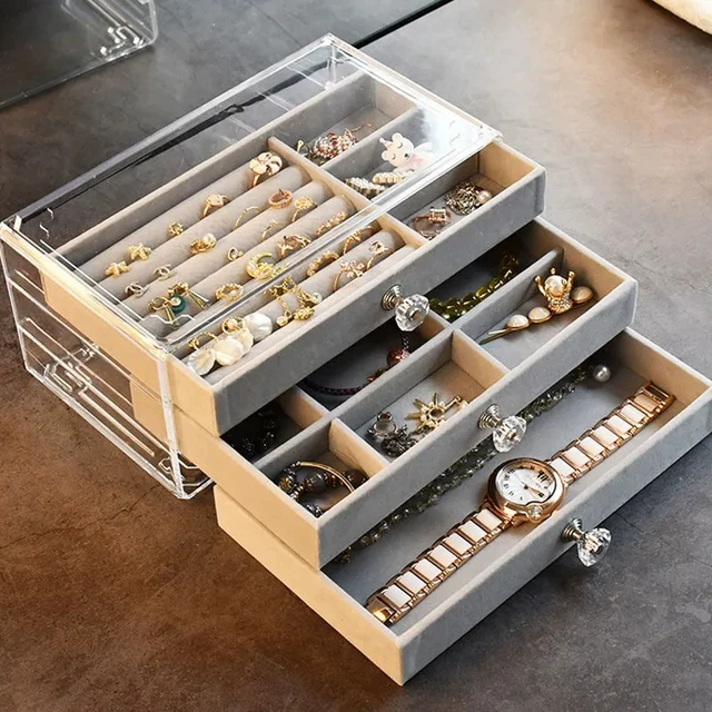 Аcrylic organizers velvet three-layer jewellery storage box