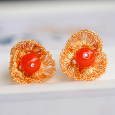 Серьги 14k包金线手工绕线纯天然凉山南红花型花丝耳钉耳环