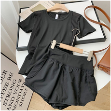 Одежда для йоги 排汗速干透气晨跑休闲运动健身房瑜伽运动短袖t恤+阔腿休闲短裤女