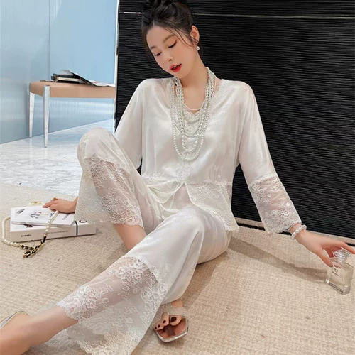 Шелковая летняя пижама, кружевной осенний белый лонгслив, комплект, изысканный стиль
