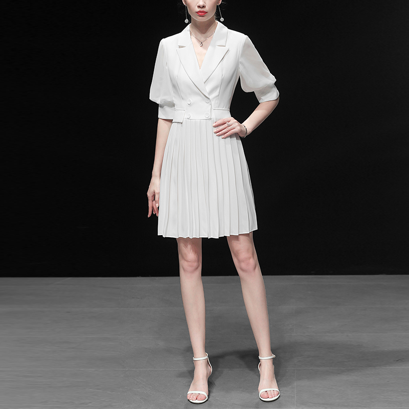 白色气质修身西装收腰显瘦中长款雪纺连衣裙女装2022新款夏装