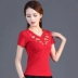 Áo thun nữ ngắn tay thêu phong cách dân tộc mùa hè, phong cách mới retro plus size slim top, thêu phong cách Trung Quốc - Áo phông