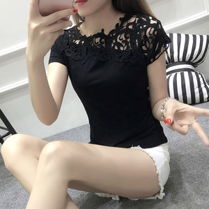 女短袖蕾丝t恤夏季2018新款韩范修身显瘦百搭体恤棉性感镂空上衣