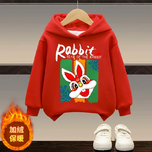 Детская красная зимняя утепленная толстовка для мальчиков для девочек, 2023, год кролика, подходит для подростков
