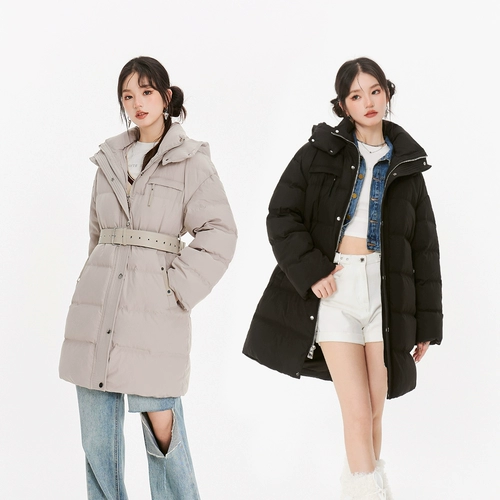 Длинный ремень, бархатный пуховик, толстовка с капюшоном, средней длины, утиный пух