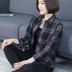 Áo sơ mi sọc ca rô có túi cotton mùa thu mới của phụ nữ Hàn Quốc áo khoác dài tay dài tay áo khoác - Áo sơ mi Áo sơ mi