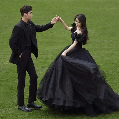 Черное атмосферное кружевное свадебное платье для принцессы, в цветочек, открытые плечи