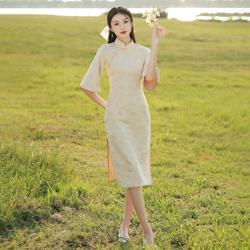 Ципао, осенний легкий элитный лонгслив, винтажное платье, коллекция 2023, светлый стиль