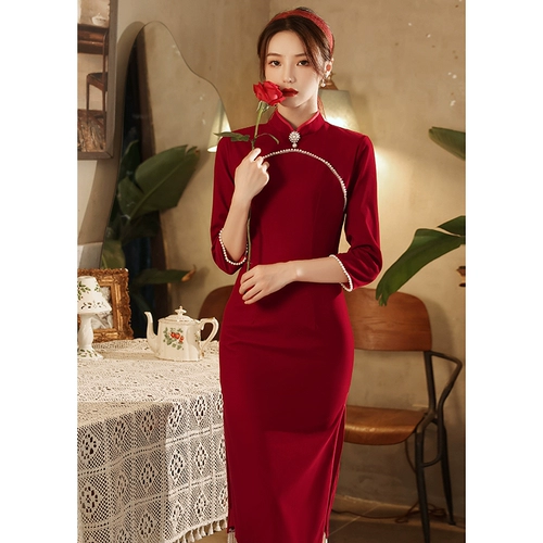 Бархатное красное ципао, вечернее платье, свадебное платье, китайский стиль, коллекция 2023