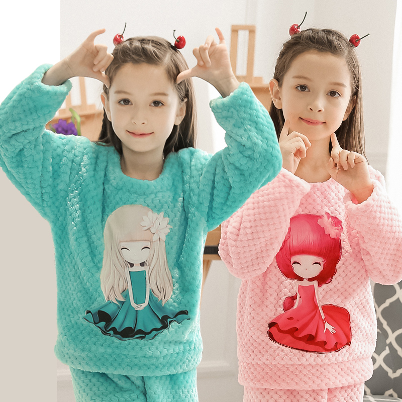 儿童睡衣法兰绒女孩中大童可爱卡通套装秋冬珊瑚绒小孩女童家居服