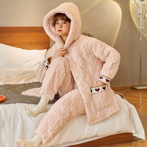 Коралловая бархатная пижама, зимний стеганый лонгслив, утепленная удерживающая тепло фланелевая толстовка с капюшоном, комплект