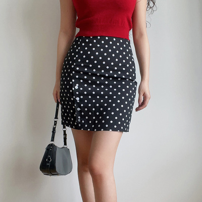 taobao agent BARAN retro cute black and white wavelet printing high -waist short -waist single -side split skirt skirt