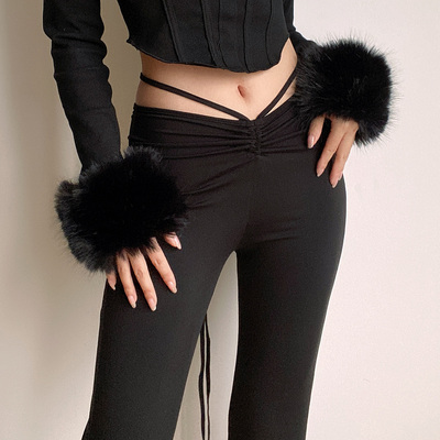 taobao agent BERAN European and American style hot girl loose high -waisted high -waisted tape rope lace black elastic micro -slim pants trousers female
