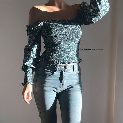 taobao agent Sexy jacket, french style, square neckline, long sleeve, floral print