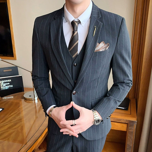 Мужской комплект, пиджак классического кроя, свадебное платье, 3 предмета, в корейском стиле