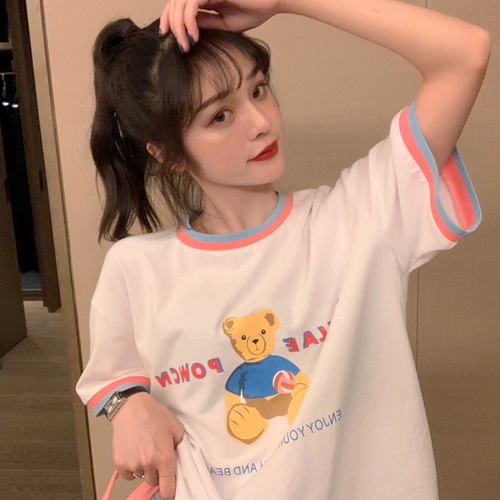 Белая летняя хлопковая брендовая футболка, топ, толстовка, в корейском стиле, с медвежатами