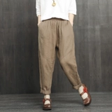 Ретро приталенные штаны, свободный крой, высокая талия, из хлопка и льна