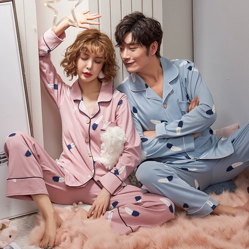 Демисезонная хлопковая пижама для влюбленных, хлопковый комплект, в корейском стиле, свободный крой