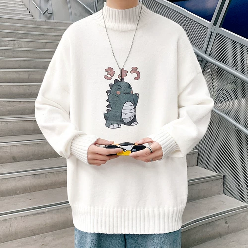Флисовый динозавр, свитер, трендовая трикотажная утепленный лонгслив, пуховик, высокий воротник, оверсайз, в корейском стиле