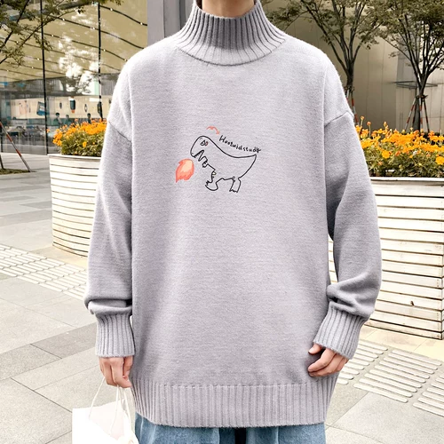 Флисовый динозавр, свитер, трендовая трикотажная утепленный лонгслив, пуховик, высокий воротник, оверсайз, в корейском стиле