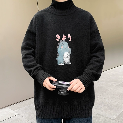 Флисовый динозавр, свитер, трендовая трикотажная утепленный лонгслив, пуховик, высокий воротник, оверсайз, в корейском стиле