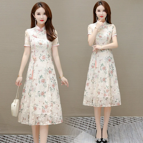 Элитное ципао, платье, шифоновая юбка для матери, в цветочек, городской стиль, короткий рукав, по фигуре