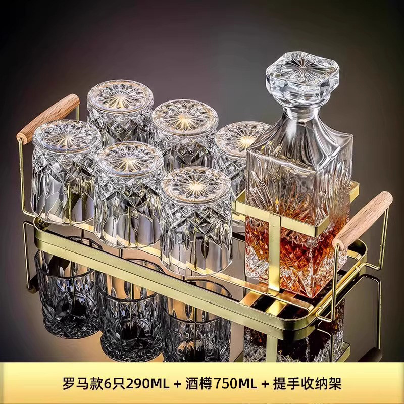 A refined barware set for whiskey lovers, an elegant pairing of crystal glasses and a decanter