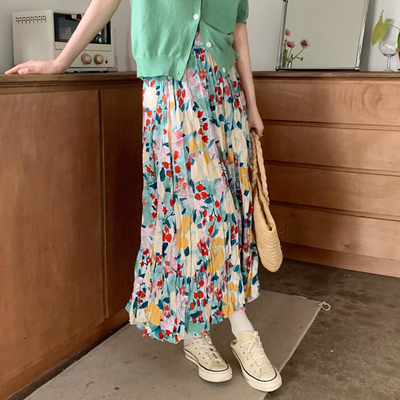 taobao agent Fitted retro summer long skirt, plus size, flowered, high waist, A-line