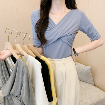 taobao agent Summer small T-shirt, fitted jacket, plus size, trend of season, V-neckline, with short sleeve