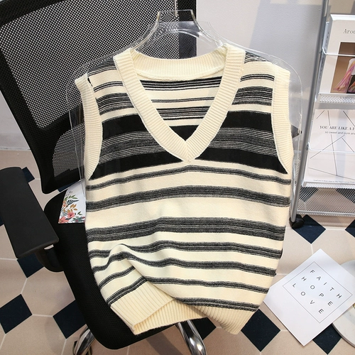 Демисезонный жилет, майка топ, куртка, трикотажный ретро свитер, осенний, коллекция 2022, V-образный вырез, оверсайз