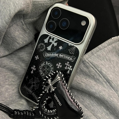 Chrome Hearts Gothic Cross Glitter Silver Frame iPhone Case