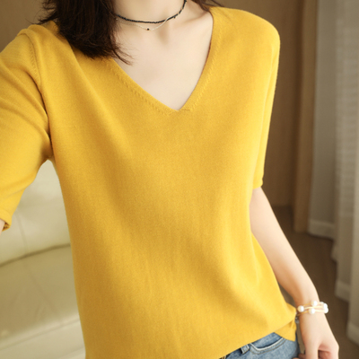 taobao agent Cotton short sleeve T-shirt, knitted summer sweater, thin fashionable long-sleeve, top, V-neckline, cotton and linen