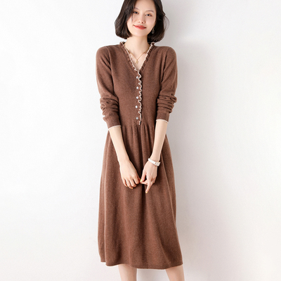 taobao agent Knitted dress, woolen fitted long skirt, brace, velvet sweater
