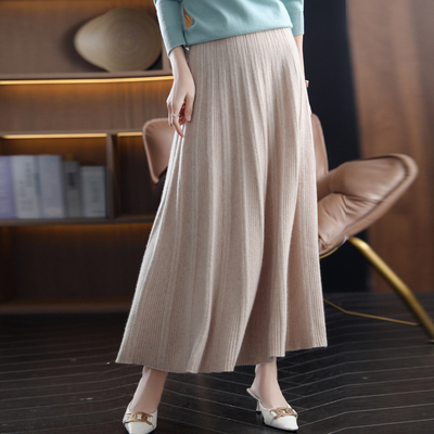 taobao agent Demi-season long fitted woolen knitted pleated skirt, increased thickness, A-line