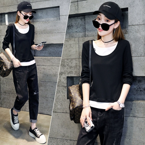 Черный лонгслив, осенний короткий приятный телу комплект, 2021 года, оверсайз