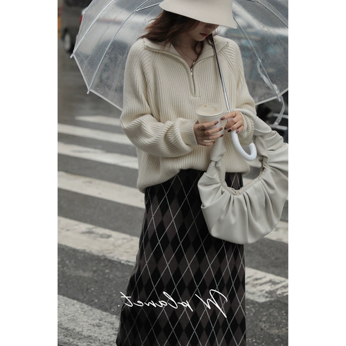 Ретро кашемировый осенний трикотажный свитер с молнией