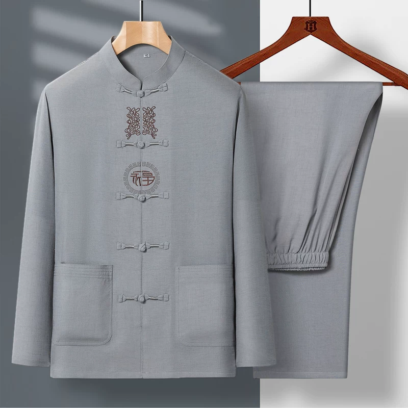 Летняя одежда для пожилых, with long-sleeve, комплект, китайский стиль, хлопок и лён, для среднего возраста